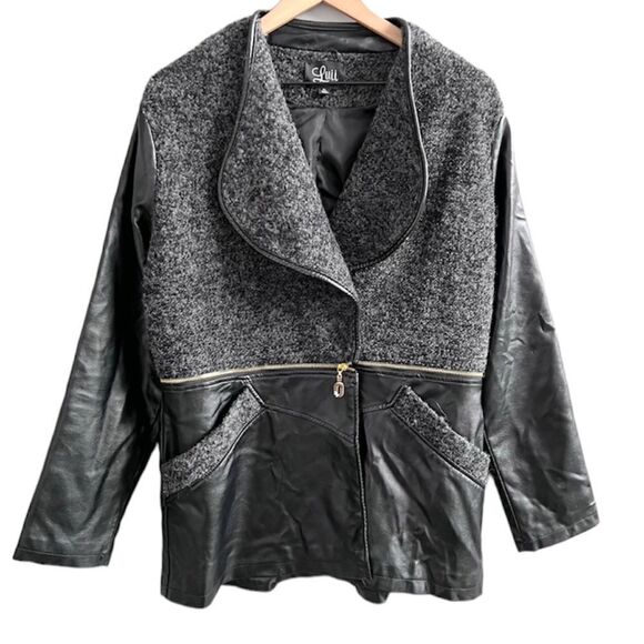 Luii Faux Leather Jacket Zipper Convertible Coat Black and Grey Boucle Size XL - Picture 1 of 16
